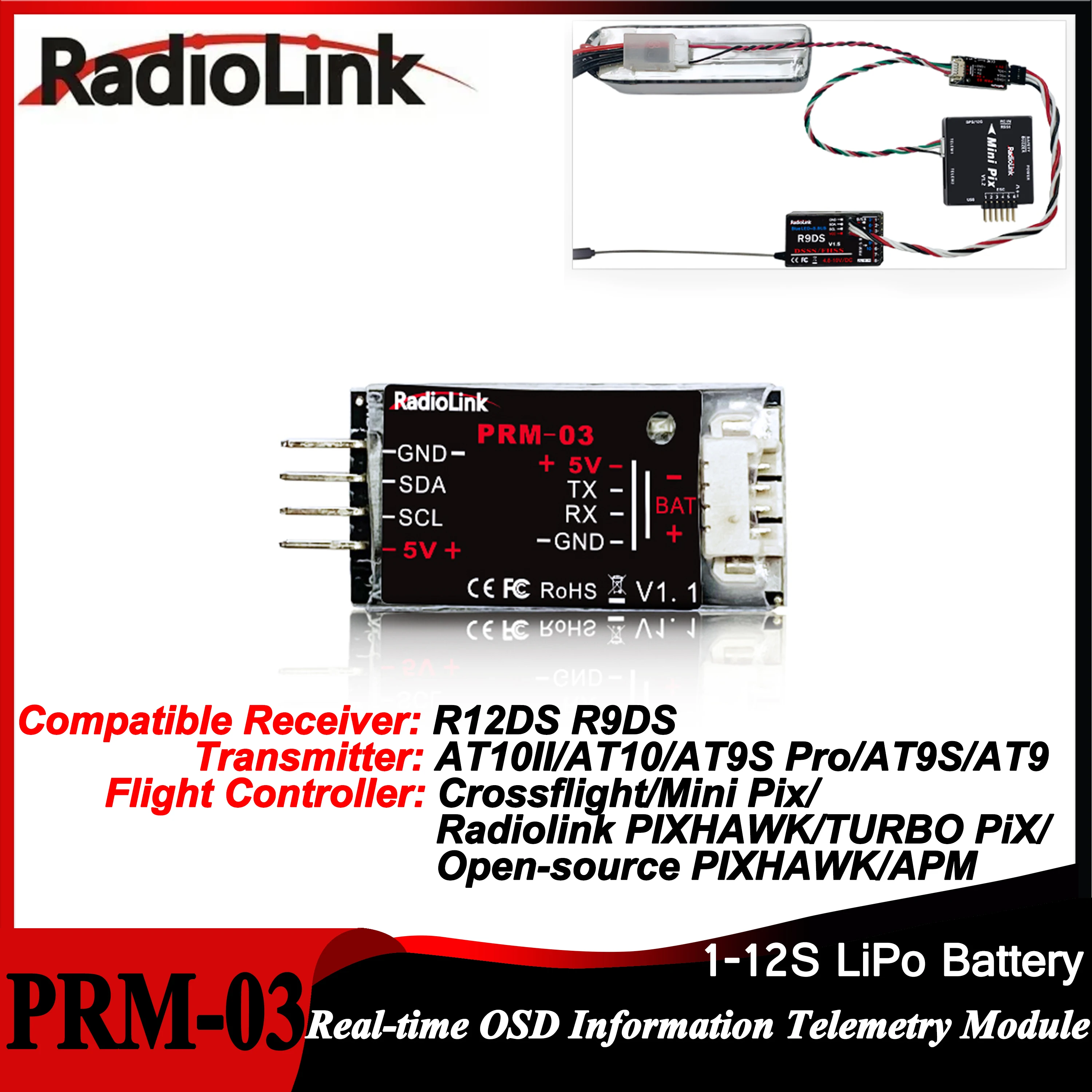 NEWEST Radiolink PRM-03 OSD Telemetry Sensor Return Flight Information Module for AT9 AT9S AT9S Pro AT10 AT10II Transmitter