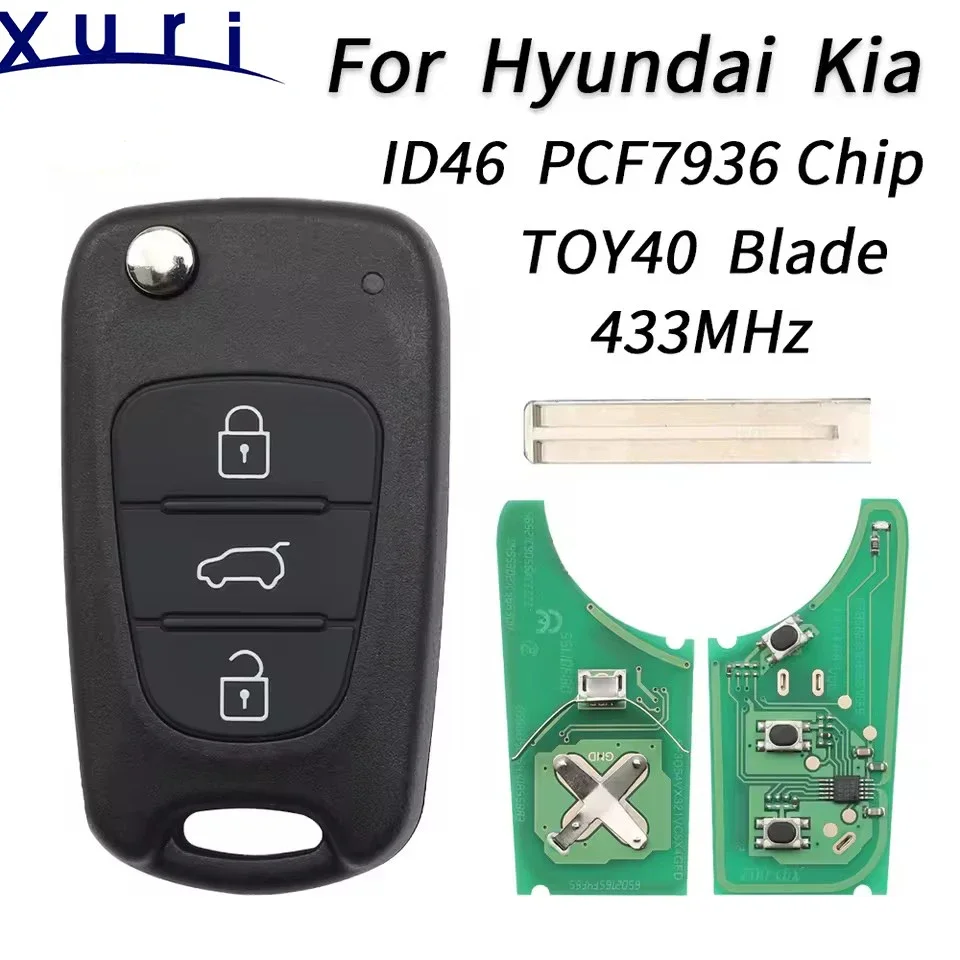 Xuri For Hyundai I20 I30 IX35 Avante 433Mhz ID46 Chip 3 Buttons Flip Folding Car Remote Key Fob TOY40 Blade Replacement Key