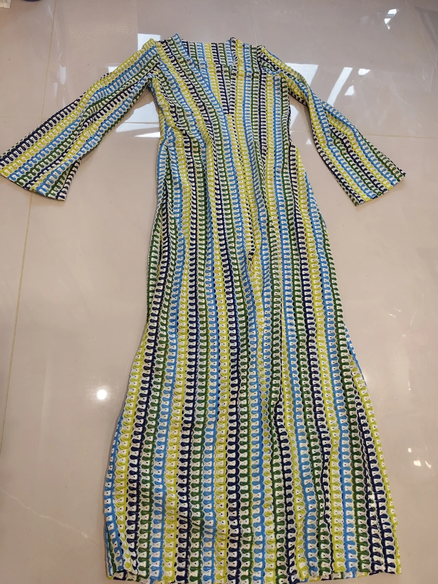 Abito lungo a righe colorate all'uncinetto, abito lungo sexy con spacco alto, abito da festa in spiaggia, gonna da spiaggia, copricostume bikini, giacca da bagno