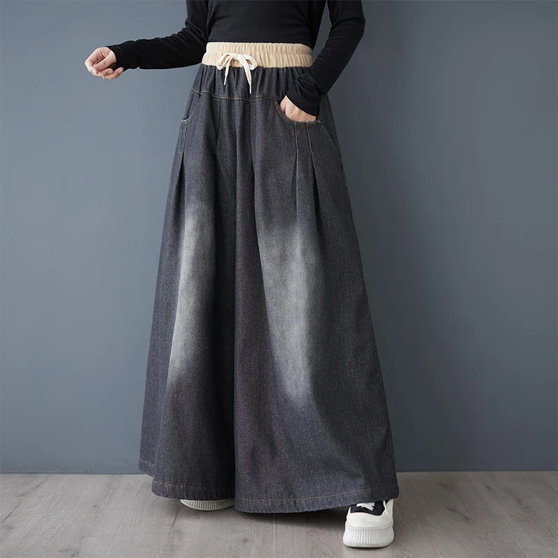 

Retro High Waist Wide Leg Cotton Denim Pants Women's Autumn Winter Loose Slimming Large Size Casual Drapey Long Trousers