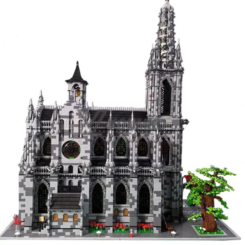 Moc conjunto de blocos de construção de catedral medieval, arquitetura, vista de rua, modelo de castelo, quebra-cabeça diy, brinquedos para crianças, presente de aniversário