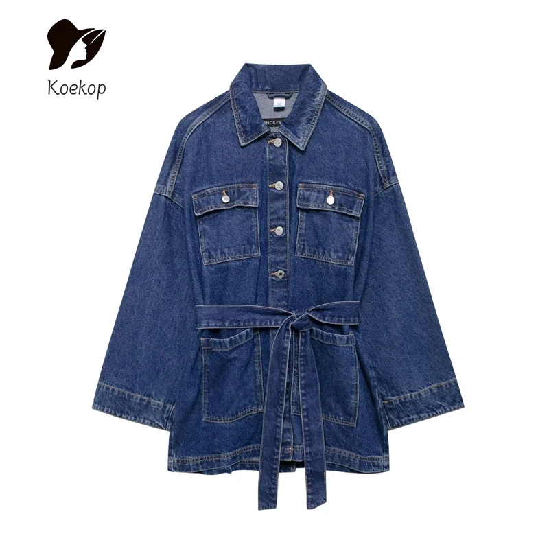 

Koekop женская мода однотонный пояс украшения с лацканами джинсовая куртка винтажная повседневная женская шикарная женская куртка на талии