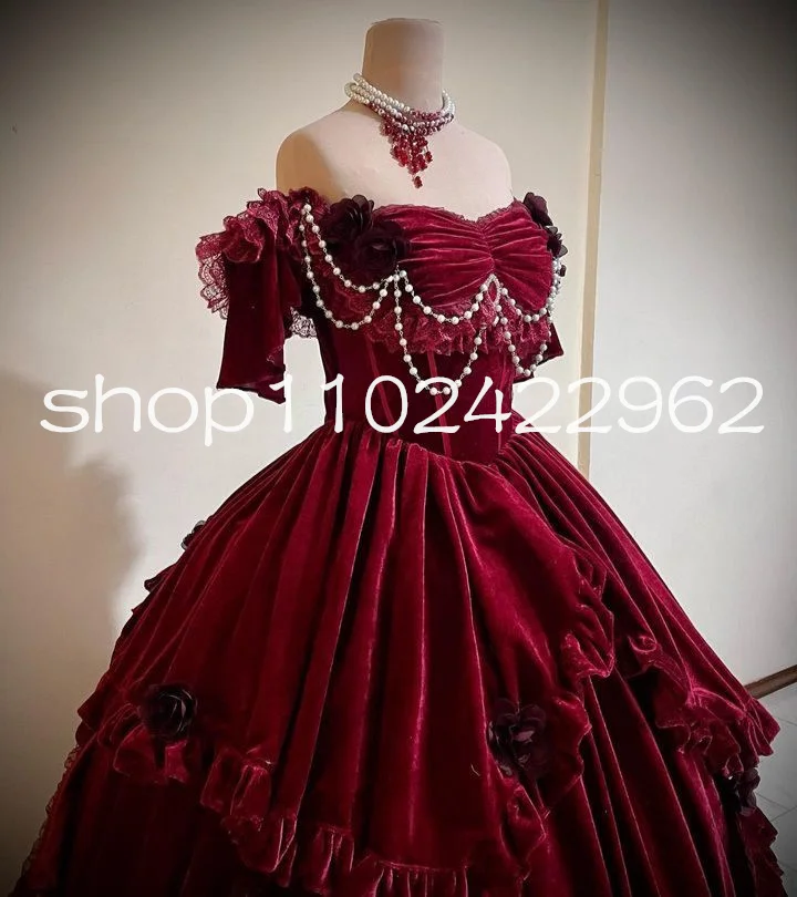 Burgundy Velvet Princess Victorian Prom Dresses Off Shoulder Ruched Lace-up Corset Lolita Gothic Evening Gown Customsized