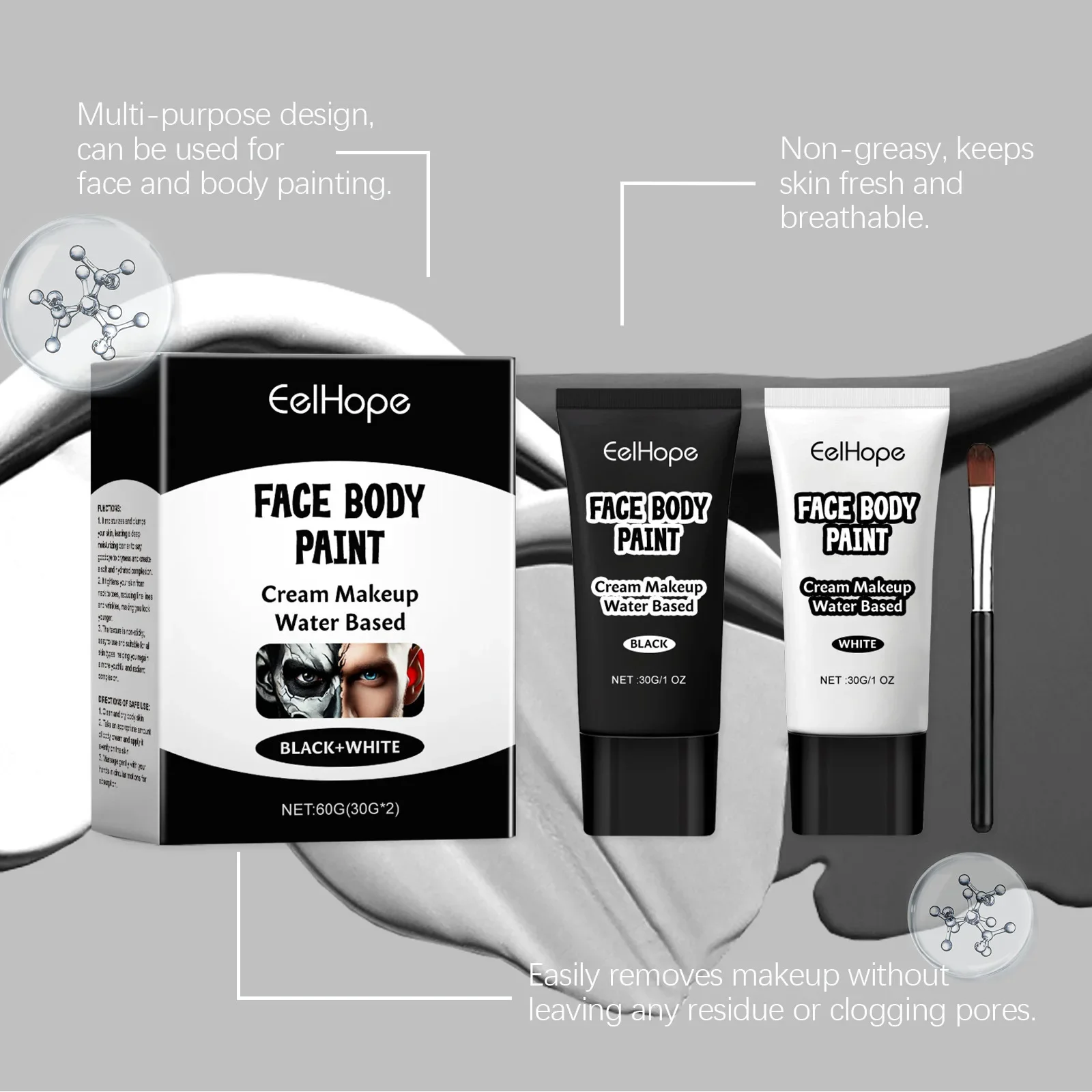 イールホープ ハロウィン フェイスメイクアップキット ブラシ付き ペイント 黒 白 DIY コスプレ テーマパーティー カラフル コスメティック ファミリー ボディメイクアップセット