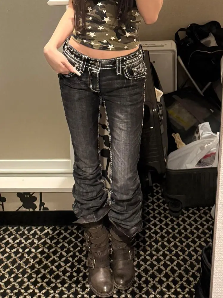 

American Vintage Plus Size Low Waist Flared Jeans for Women Distressed Slim Fit Millennium Hot Girl Aesthetic Long Denim Pants