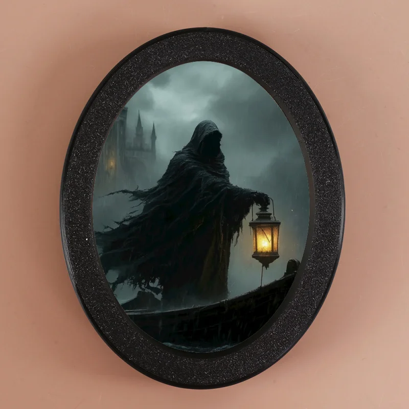 Gothic Decoration Pendant - Oval Frame with Hooded Figure and Lantern, Spooky Ornament for Halloween Parties