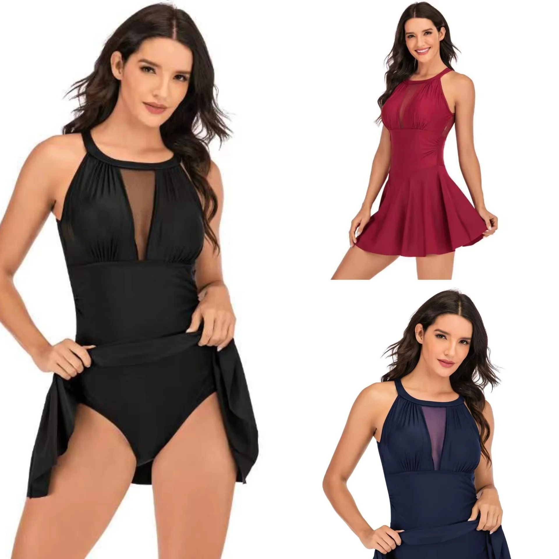 

Sexy Plus Size Mesh Skirt Swimsuit Sporty Tummy Control One Piece Athletic Ruched Swimwear Women Chlorine Bathing Suit