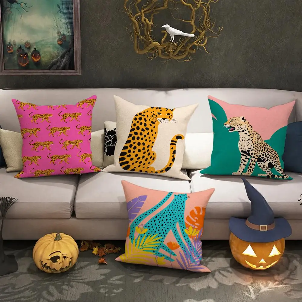 Stylish Leopard Jungle Art Cushion Cover Halloween decoration trick or treat cushion cover, ghost, pumpkin head, bat decoration