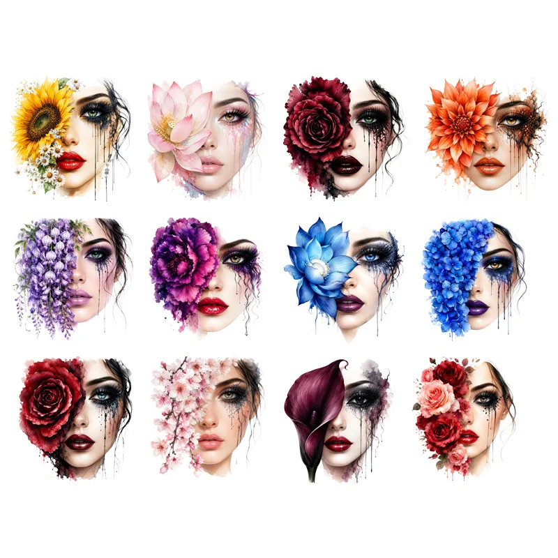 Rose Abstract Girl's Face Flower Clothes Print Iron On DTF Heat Transfer Sticker Diy T-shirt Iron On Transfer Patches Decals
