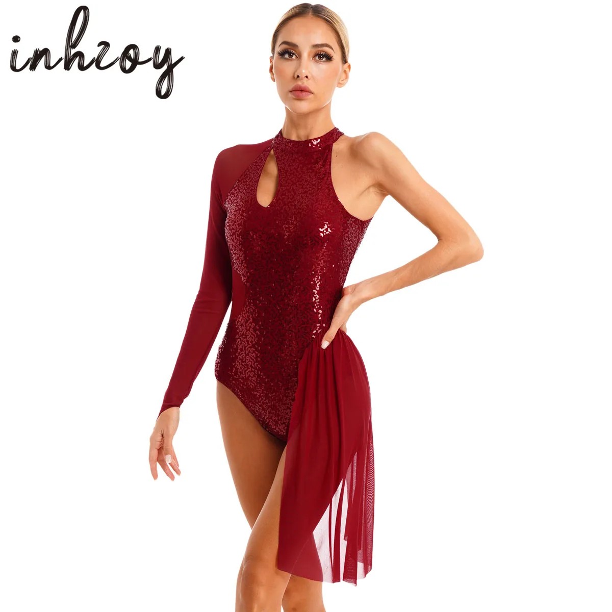 Women Adult Sequins Ballet Tutu Dress One Shoulder Mesh Long Sleeve Gymnastics Leotards Lyrical Figure Ice Skating Dancewear