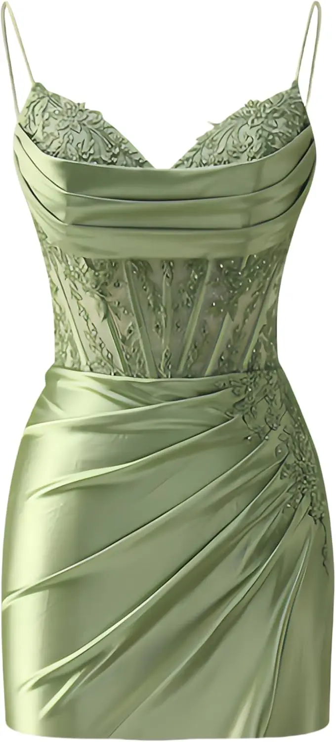 

Beaded Satin Homecoming Dresses Spaghetti Straps V-Neck Lace Applique Ruched Sparkly Short Prom Dress for Teens Cocktail Dresses