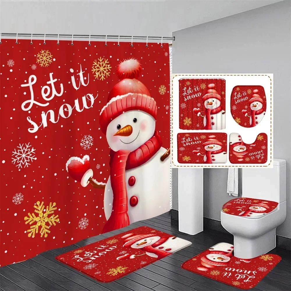 Cute Snowman Shower Curtain Set Winter Forest Xmas Trees Snowflake Pink Christmas Decoration Bathroom Bath Mats Toilet Lid Cover