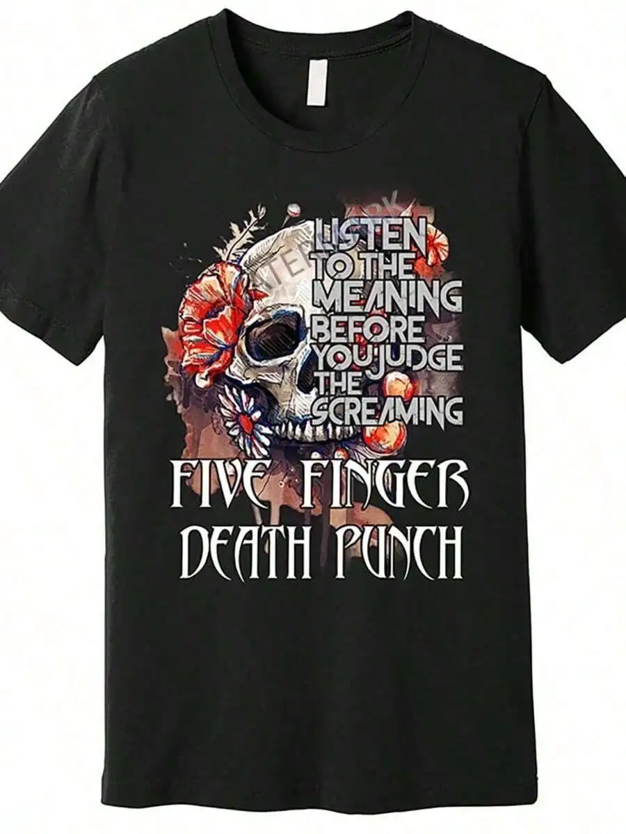 Five Finger Death Punch Inspired T-Shirt - Soft Cotton, Casual Crew Neck, Short Sleeve, Black | Skull & Floral Print, 'Listen To