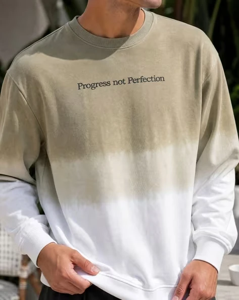 Mens Gradient Tie Dye Sweatshirt Letter Print Crew Neck Long Sleeve Oversized Casual Pullover Street Top