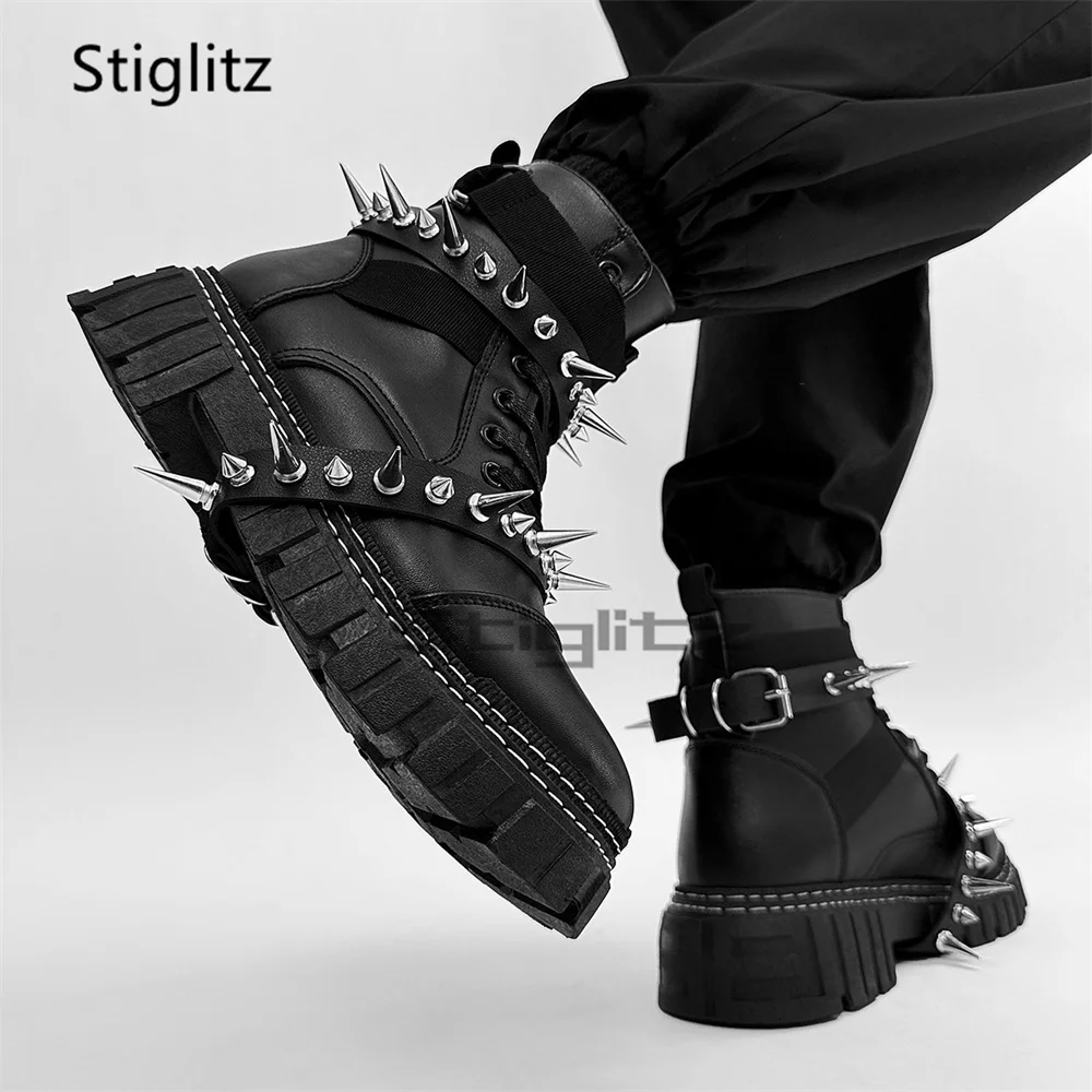 Punk Metal Rivet Motorcycle Boots for Men Black High-Top Thick Soled Work Boots Gothic Spiked Chunky Platform Streetwear Shoes