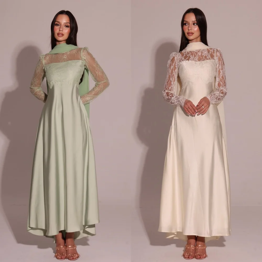 

Customized Sizes Available Simple Pleat Lace A-line High Collar Midi Dresses Bespoke Occasion Dresses High Quality Classic