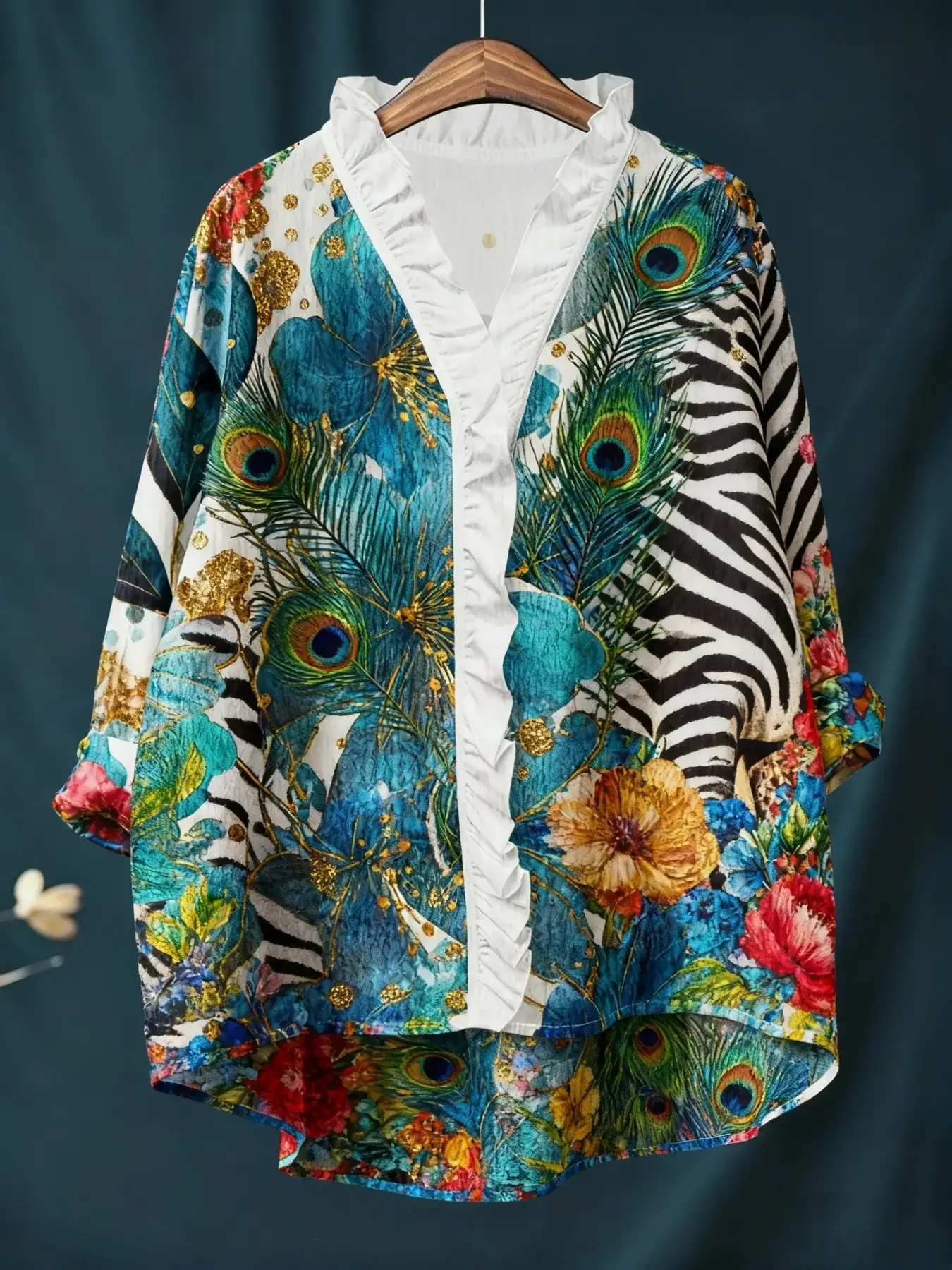 Ladies' printed long sleeved shirt with ruffled neckline, Comfortable and easy to maintain polyester fiber.