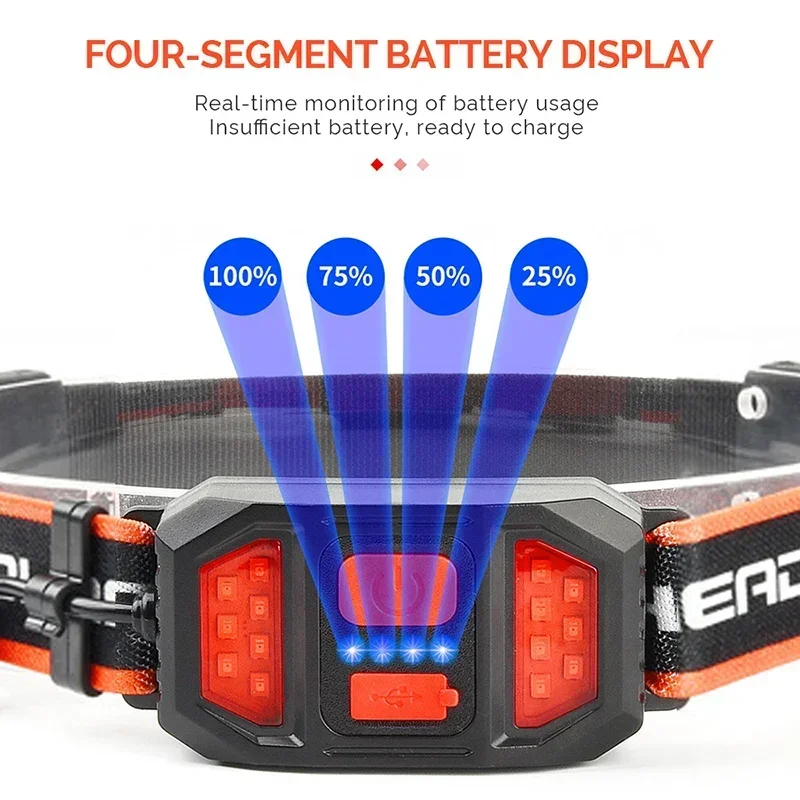 Linterna frontal brillante COB recargable para correr al aire libre luz de advertencia roja lámpara de trabajo de emergencia impermeable al aire libre para pescar