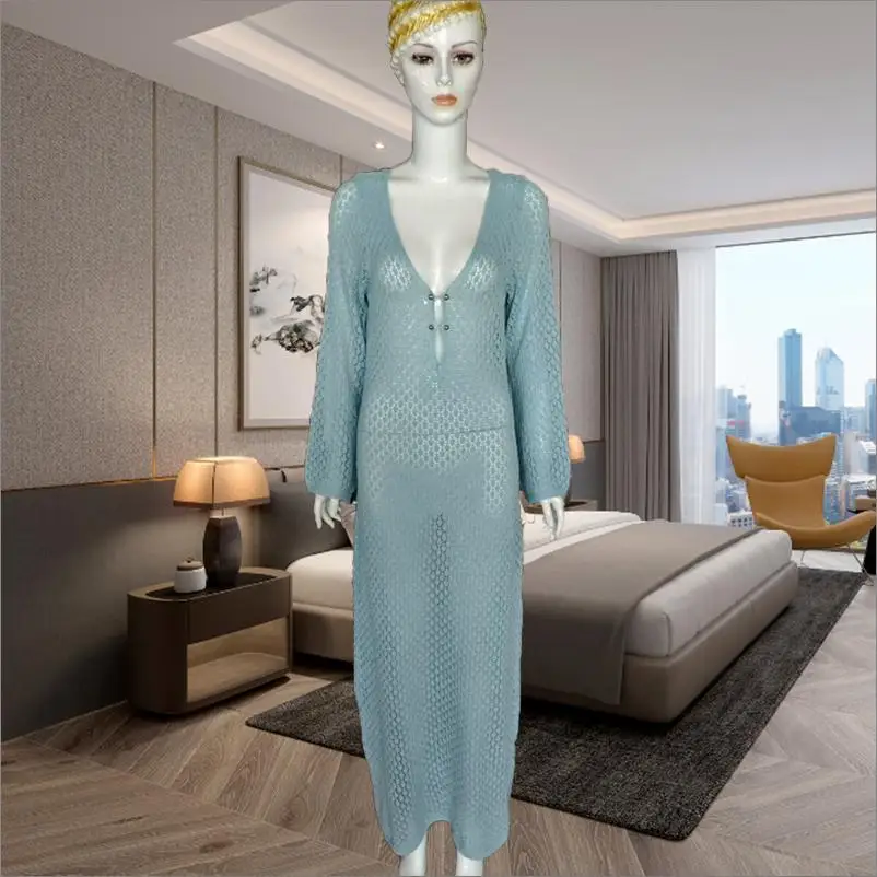 

Sexy Cover Long-sleeved Dress For Women's Backless Beach Wear Swimsuit Knitted Beach Wear Waist Coat Cover Sun Protection Suit