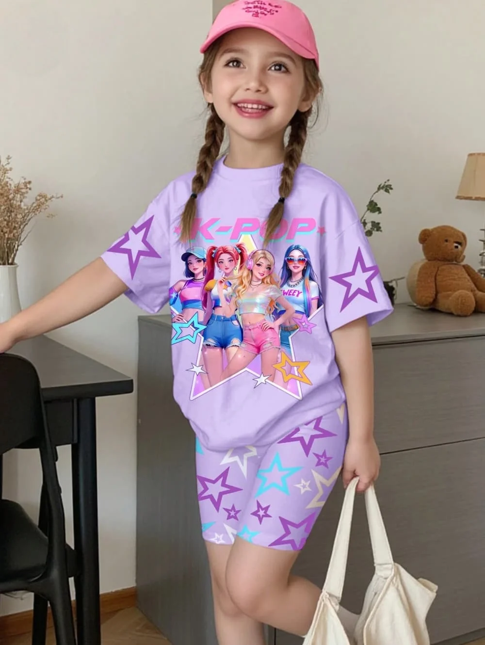 K-Pop Cartoon Grafik Mädchen T-Shirt und Hosen Set Mädchen Sommerkleidung Niedliches Kurzarm-Set Kinder T-Shirt und Shorts Set – Detail 8