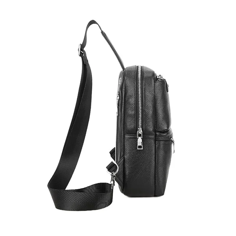 New 100% Cowhide Leather Casual Fashion Crossbody Chest Bag Men's Leather Bag USB Charging Travel Shoulder Bag Daypack Male