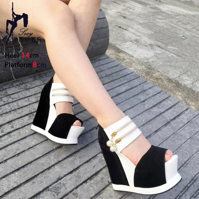 Cover Heel Sandals With Zipper Summer 14CM Woman Thick Bottom Large Shoes Women\'s Platform Wedges High Heels Perform Sandalies