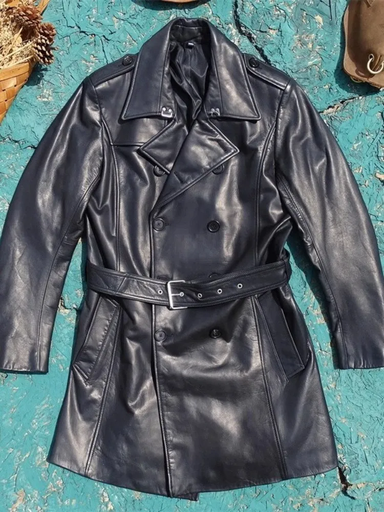 Mens Genuine Leather Windbreaker Jacket High Quality Business Casual Medium Long Double Breasted Slim Fit Sashes Cowhide Coat