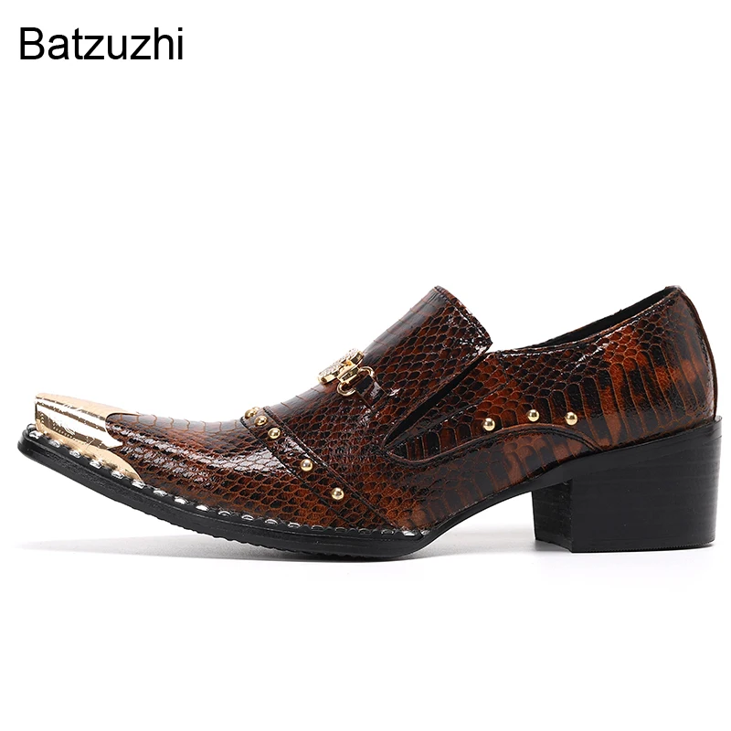 Batzuzhi Men\'s Shoes Italian Style Pointed Metal Toe Leather Dress Shoes Men Slip on Oxfords Shoes for Men\'s Party and Wedding