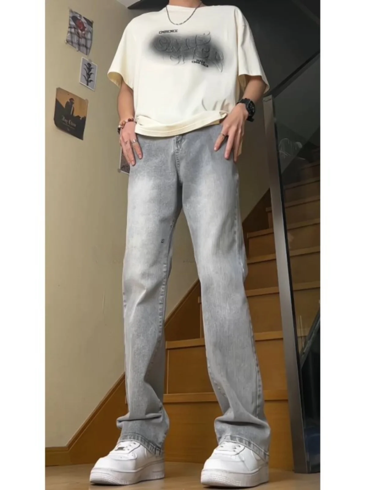 

Cement ey Slim Fit Men's Jeans High Street American Sle Long Pants Straight Tube Trousers for Taller Men Youth Faion