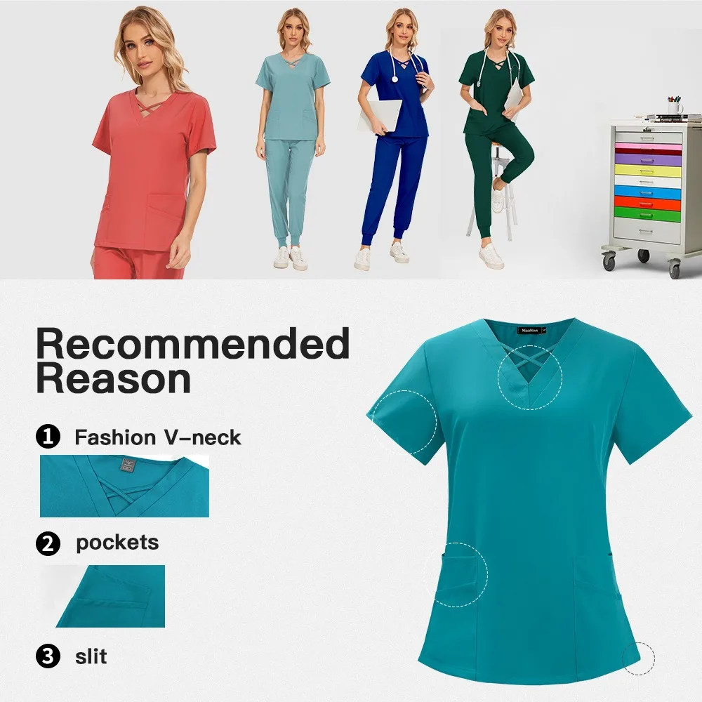 أحدث الزي الجراحي امرأة الطبية ممرضة فرك مجموعة صالون تجميل عمال الطبيب السريري الحيوانات الأليفة ملابس العمل التمريض الملحقات