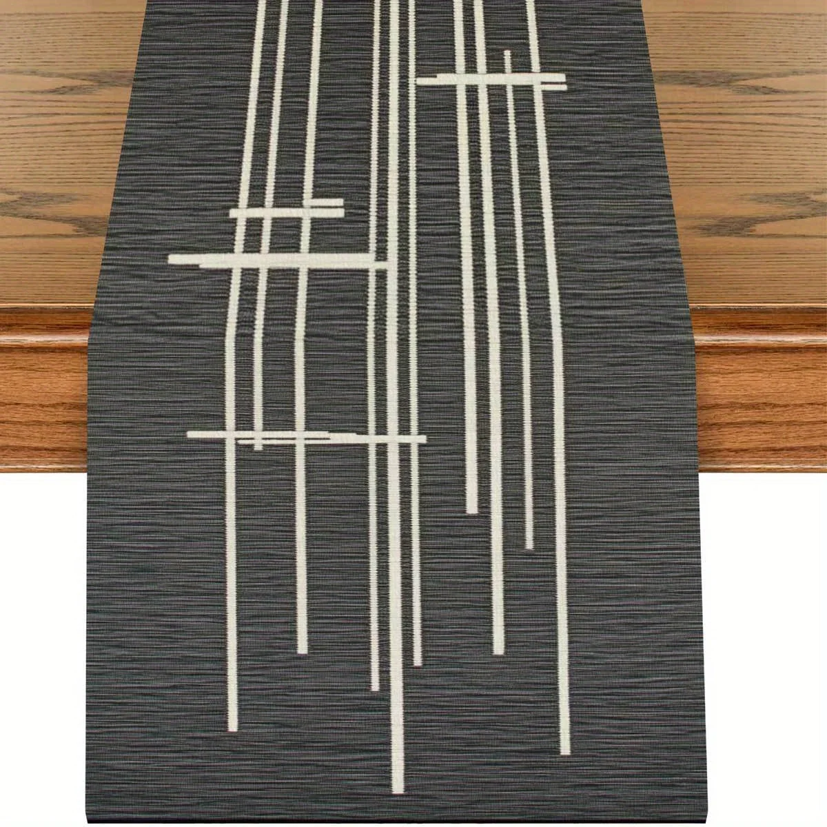 1 Piece of Modern Geometric Line Theme Table Runner, Dark Gray Background with White Line Pattern, Suitable for Modern Minimalist Homes, Art Studios, Creative Cafes, Business Negotiation Rooms, Designer Salons, Model Room Decorations, Accessible Luxury Restaurants, Normcore Exhibitions, Using Line Elements to Convey Fashion / Minimalist Atmosphere.