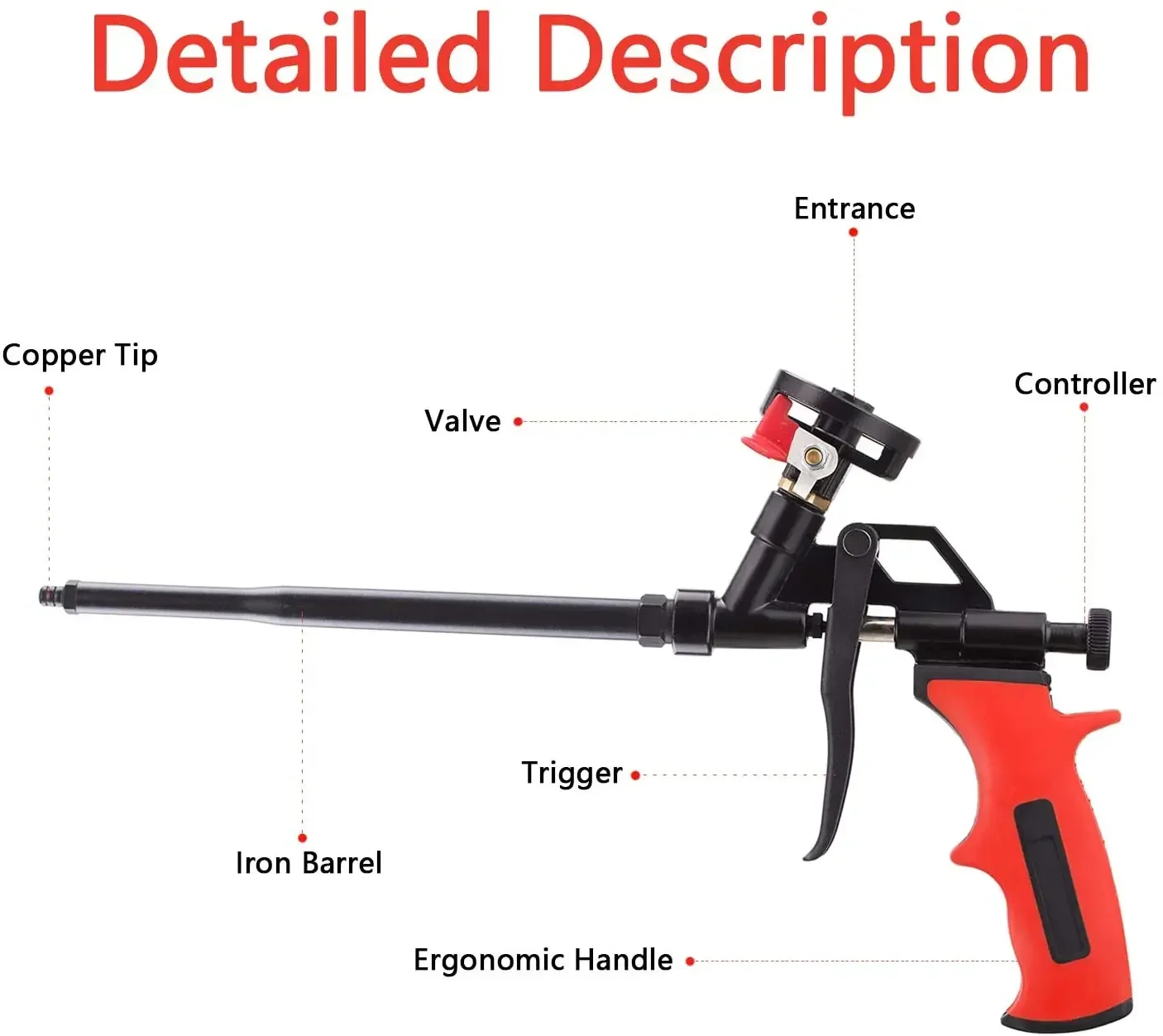 Tidak perlu membersihkan pistol busa, Pu memperluas pistol busa semprot tugas berat, tubuh logam tertutup dengan PTFE