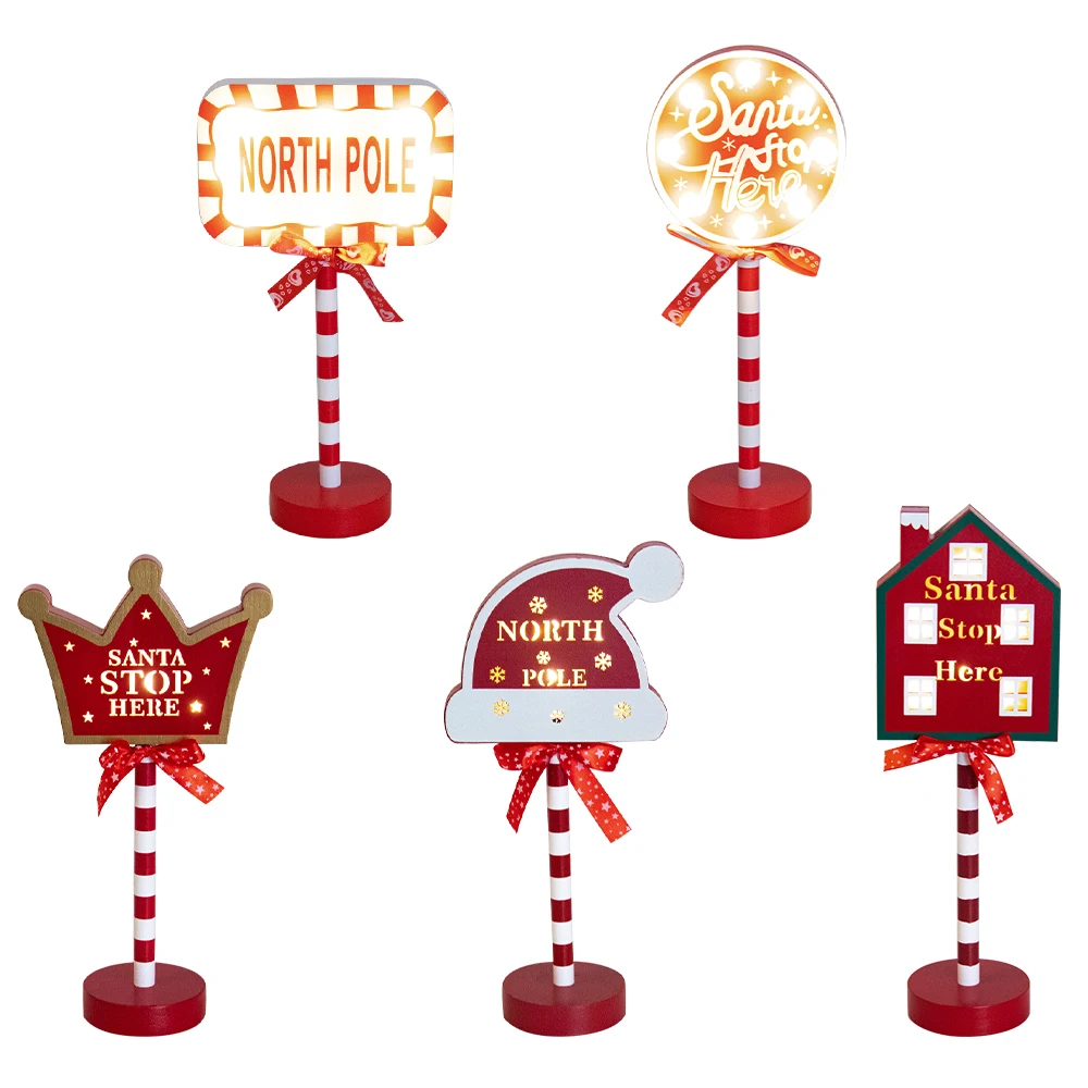 Christmas Retro Lamp North Pole Sign LED Light Santa Stop Here Street Sign Xmas Wooden Desktop Decoration Xmas Decor 2024