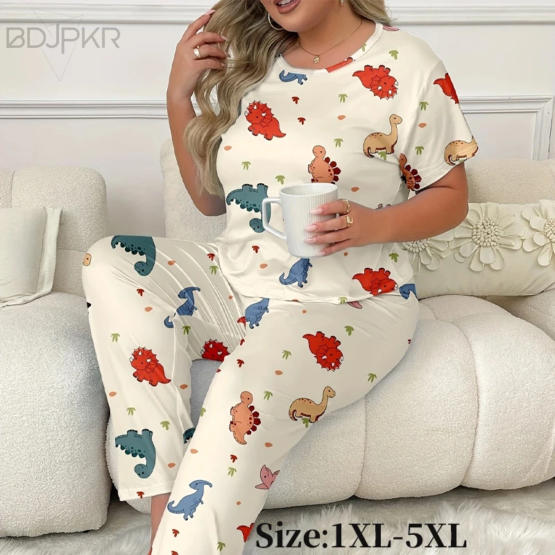 

Женские пижамы с принтом Love, большие размеры 5XL, весна/лето, молочные пижамы из 2 предметов, шелковые пижамы, пижамы с короткими рукавами, одежда для отдыха YCF