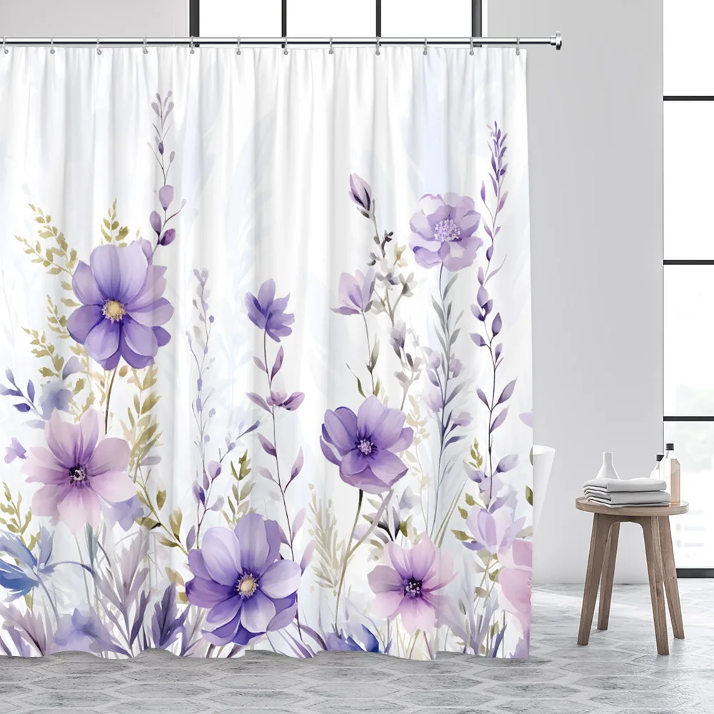 Floral Shower Curtains Purple Lavender Wisteria Cute Elf Butterfly Hummingbird Watercolour Flower Plant Bathroom Curtain Decor