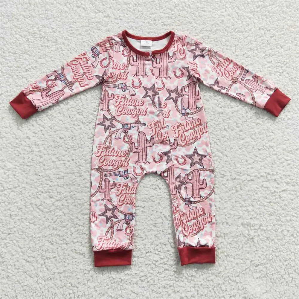 

Wholesale Newborn Baby Girl Western Pink Long Sleeve Toddler Zipper Cactus Jumpsuit Kid Children Sping Fall Cow One-piece Romper