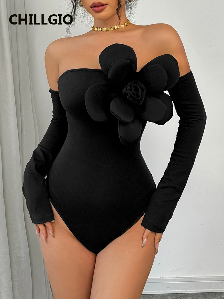 

CHILLGIO Fashion Solid Black Off Shoulder Women Rompers Backless Onesie Streetwear Slim Catsuits Bodycon Long Sleeves Bodysuits