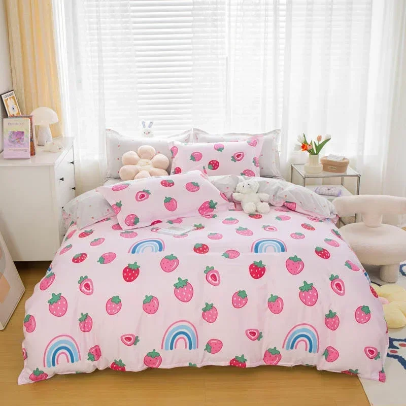 Solstice Home Textile Girl Boy Kids Bedding Set Red Cherries Duvet Cover Sheet Pillowcase Woman Adult Beds Sheet King Queen Full