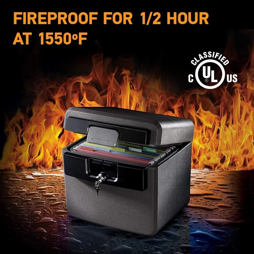 

Black Fireproof and Waterproof Safe, File Folder and Document Box with Key Lock, Ex. 14.3 x 15.5 x 13.5 inches, HD4100