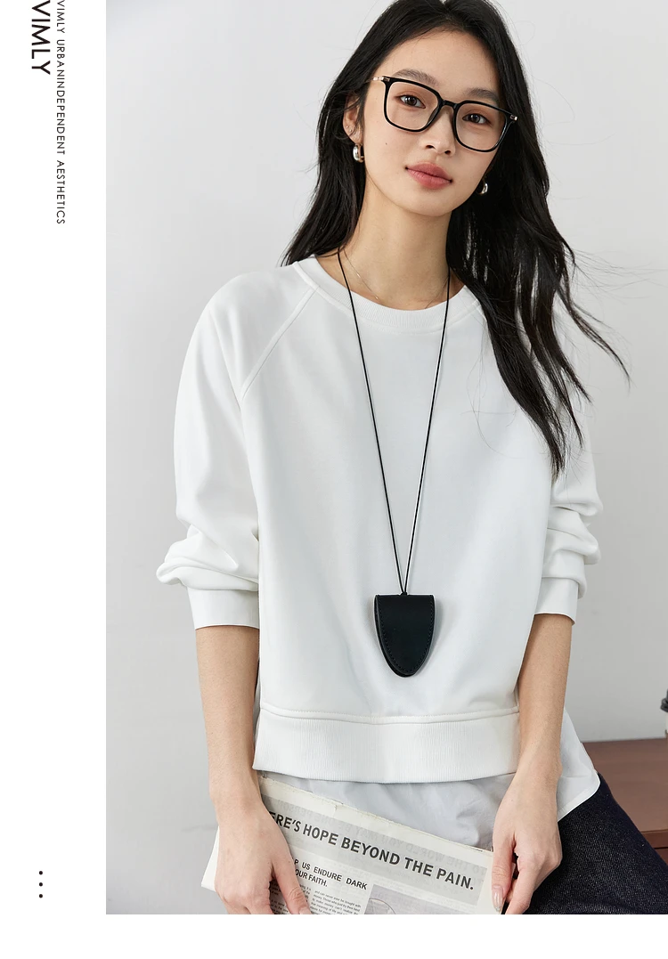 VIMLY White Sweatshirt Woman Long Sleeve Tops Hem Splicing 2025 Spring Autumn Cotton Loose Crew Neck Top Female Clothes A0308