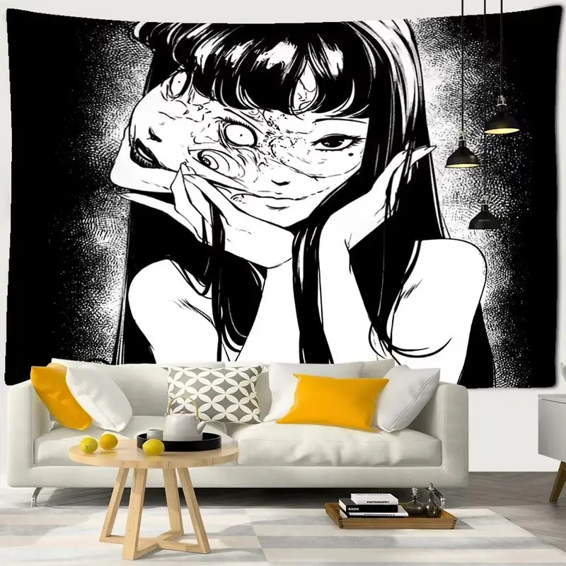VIKAMA Dark Horror Anime Girl Tapestry Black White Manga Poster Creepy Goth Wall Hanging Art for Bedroom Dorm Otaku Room