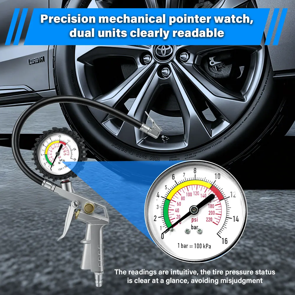 Pistola de Pressão de Pneus 220PSI 16Bar, Ferramenta Multifuncional de Inflar e Monitorar, Manômetro de Alta Precisão para Compressor de Ar