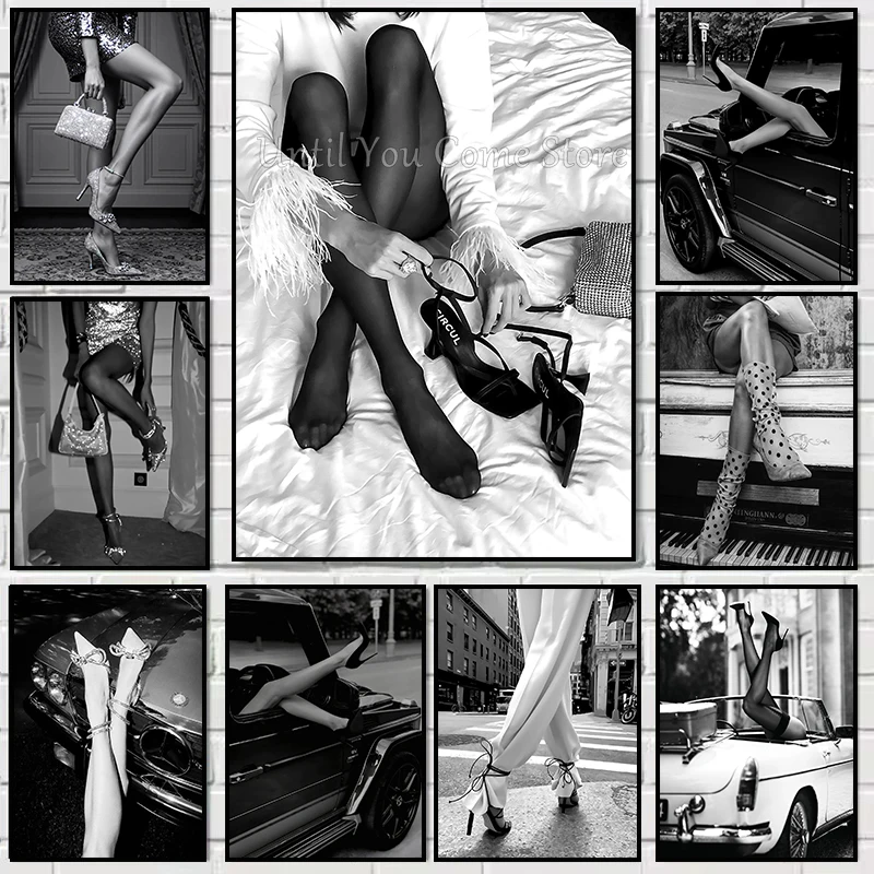 Fashionable Black and White Luxury High Heels Series Sexy Poster Print Canvas Art Pictures Home for Bedroom Wall Modern Decor
