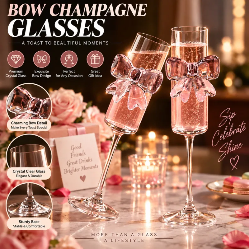 Bow Champagne Flutes Glass Wedding Y2K Cute Pink Crystal Wine Glasses High, Stem Cocktail Cup, Party Gift Home Decor Gift New