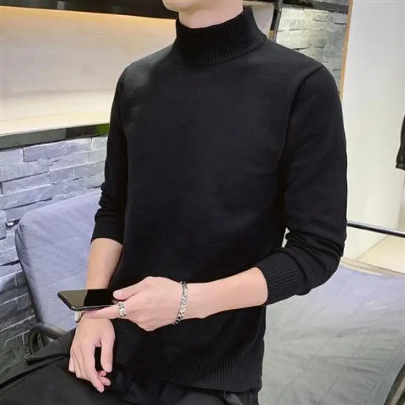 2023 Autumn and Winter Korean Casual Pullover Solid Color Simple Half High Neck Slim Fitting Long Sleeved Men's Knitted Sweater