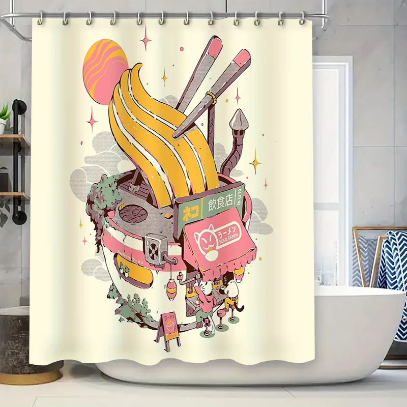 

Anime Ramen Shop Shower Curtain Japanese Street Food Decor Washroom Liner Bathroom Set