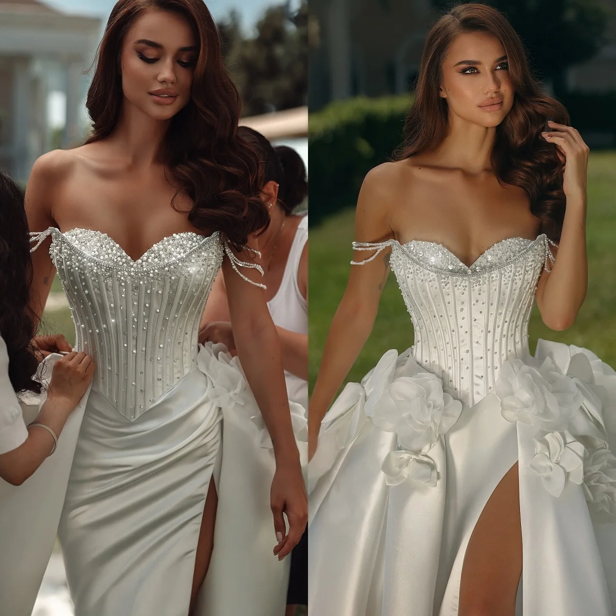 맞춤형 사이드 슬릿 오프 숄더 웨딩 드레스 새틴 플라워 크리스탈 브라이덜 가운 레이스업 백 비딩 브라이덜 파티