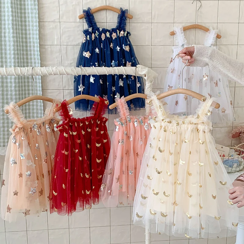 Summer Girls' Princess Strap Sequins Star Tutu Baby Girls Dress Toddler Sparkle Tulle Vestido Birthday Party Mesh Girly Dresses