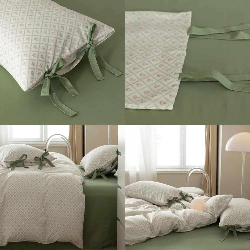 

Комплект постельного белья Twin Size: красный цветочный принт с зеленым клетчатым узором и 2 наволочками с бантом, 100% хлопок, в садовом стиле, без наполнителя