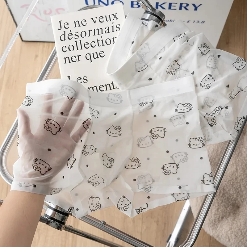 

​​Men's Sheer Hello Kitty Boxers - Ice Silk Summer Underwear Panties, Waistband & Breathable Cute Cartoon Briefs for Comfort​​